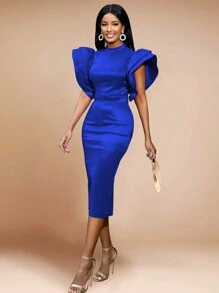 荷葉邊後背開衩緊身連衣裙 - 藍色 - 查看 3