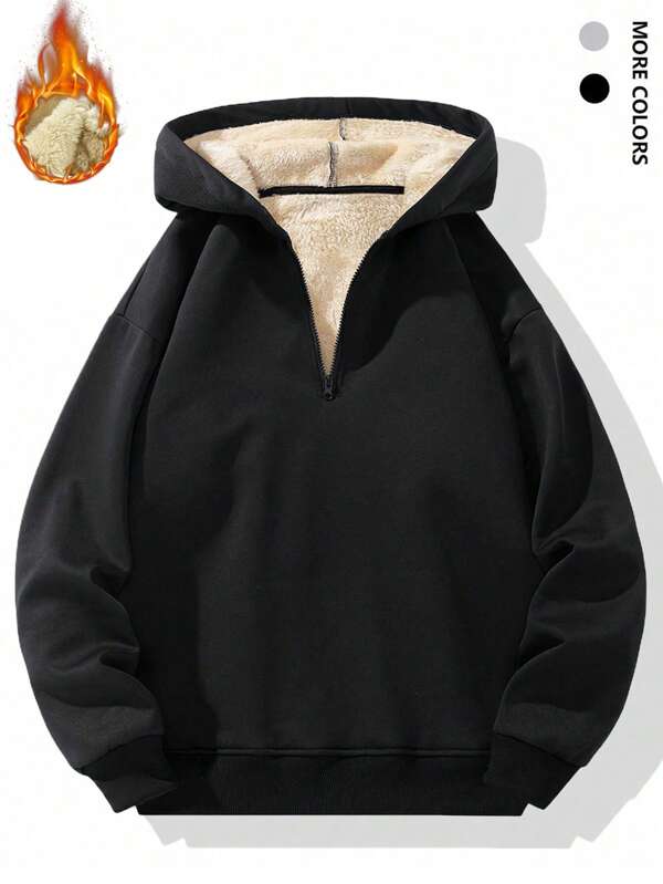 Men's Casual Hooded Half-Zip Up Thermal Lined Warm Sweatshirt
