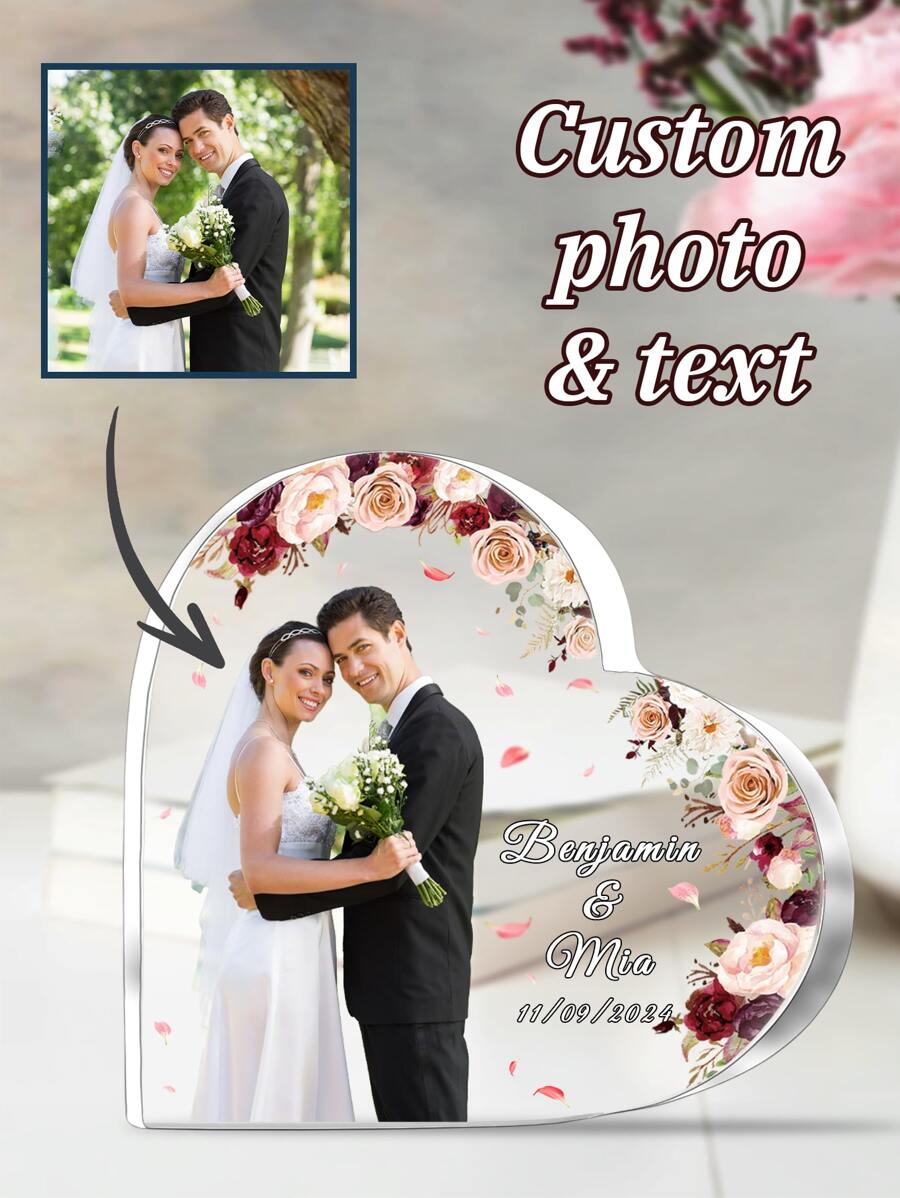 1件定制照片心形亚克力牌匾，个性化情侣照片爱情装饰，定制文字雕刻情侣照片牌匾，定制照片心形个性化装饰，桌面装饰亚克力心形摆件，独特照片纪念品，家居装饰，适用于家庭和办公室装饰，共有5种款式可供选择