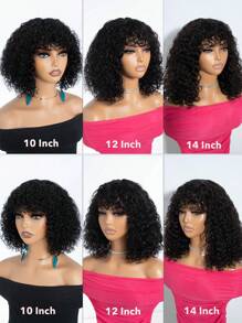 杰瑞卷发鲍勃假发带刘海真人发水波机织假发无蕾丝前部无胶假发自然黑深卷发假发 180% 密度