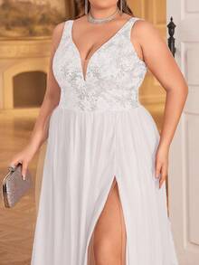 Double Crazy 大码女士音乐活动礼服，端庄优雅花卉印花侧开衩长裙，鸡尾酒会礼服 - 白色 - 查看 2