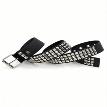 1pc Punk Style Rivet Buckle Metal Pyramid Decorated Belt, Fashionable & Versatile Summer, School Fall, Autumn, Halloween - Black - View 4