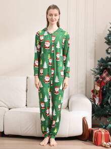 Women's Christmas Deer Embroidery Hooded Front Zipper Pajamas Jumpsuit With Digital Printing - Army Green - View 6