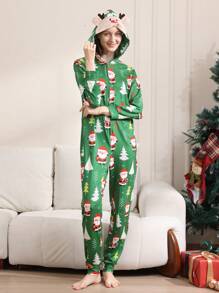 Women's Christmas Deer Embroidery Hooded Front Zipper Pajamas Jumpsuit With Digital Printing - Army Green - View 1