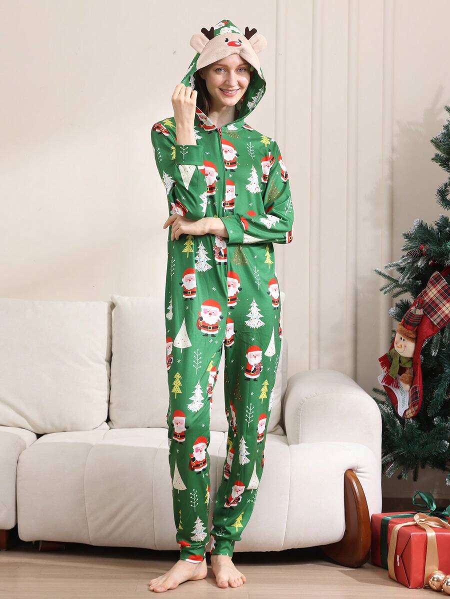 Women's Christmas Deer Embroidery Hooded Front Zipper Pajamas Jumpsuit With Digital Printing - Army Green - View 1