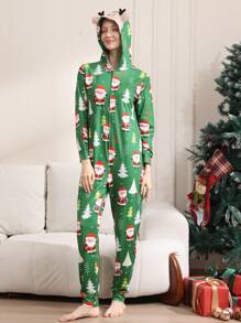 Women's Christmas Deer Embroidery Hooded Front Zipper Pajamas Jumpsuit With Digital Printing - Army Green - View 5