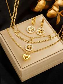 Stainless Steel Heart & Tree Of Life Rhinestone Pendant Necklace + Earrings Jewelry Set For Women, Suitable For Daily Wear, Gift - Yellow Gold - View 9
