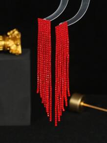 1 Pair Fully Rhinestone Encrusted Long Tassel Earrings For Women, Daily Wear - Red-oblique - View 3