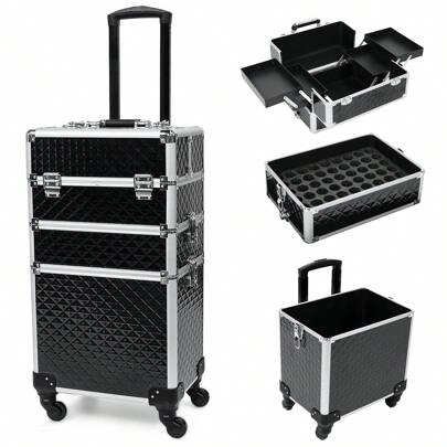 3 In 1 Rolling Makeup Train Case Professional Cosmetic Trolley Large Storage With Keys Swivel Wheels Salon Barber Case Traveling Cart Trunk For Make Up Hairstylists Nail Tech, Vintage Black,Travel Essential,Travel,Valentine's Day,Room Decor,Purse Essentials,Makeup Bags For Women,Purse Essential Items,Cruise Essential,Designer Handbags,Basics,Vanity Essentials,Room,Cute Makeup Bag