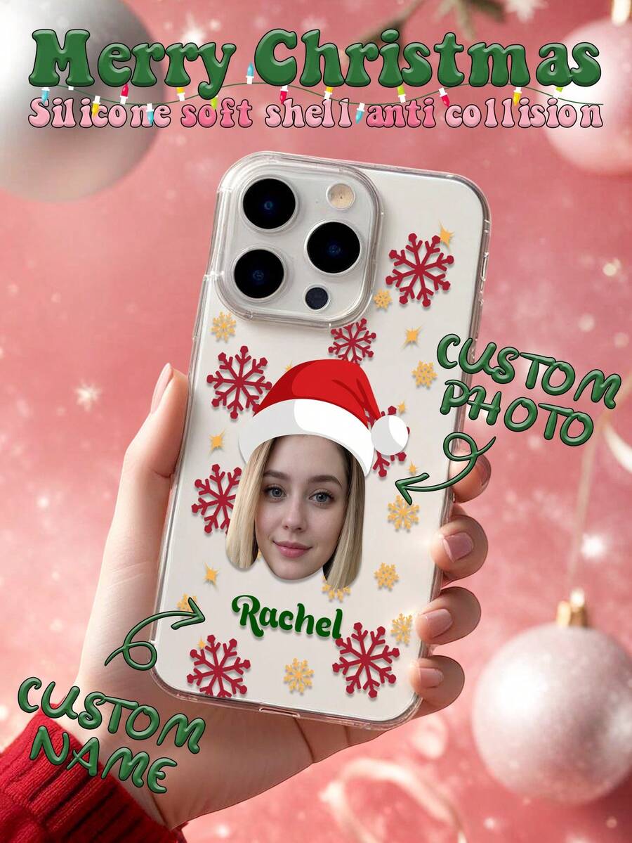 1 pieza Funda de teléfono personalizada con foto de Navidad, funda de teléfono transparente personalizada con copos de nieve, funda de teléfono personalizada con imagen y nombre de Papá Noel, funda de teléfono personalizada con foto de Papá Noel, funda de teléfono personalizada con imagen, se ajusta a compatible con iPhone 11, 12, 13, 14, 11 Pro Max, 12 Pro Max, 13 Pro Max, 14 Pro Max, XR, 15, 16, 16 Pro, 16 Pro Max. Regalo de Navidad, props navideños, regalo del Día de la Familia, regalo de cumpleaños, regalo de aniversario, regalo de San Valentín, regalo único para él/ella, regalo para mamá/papá