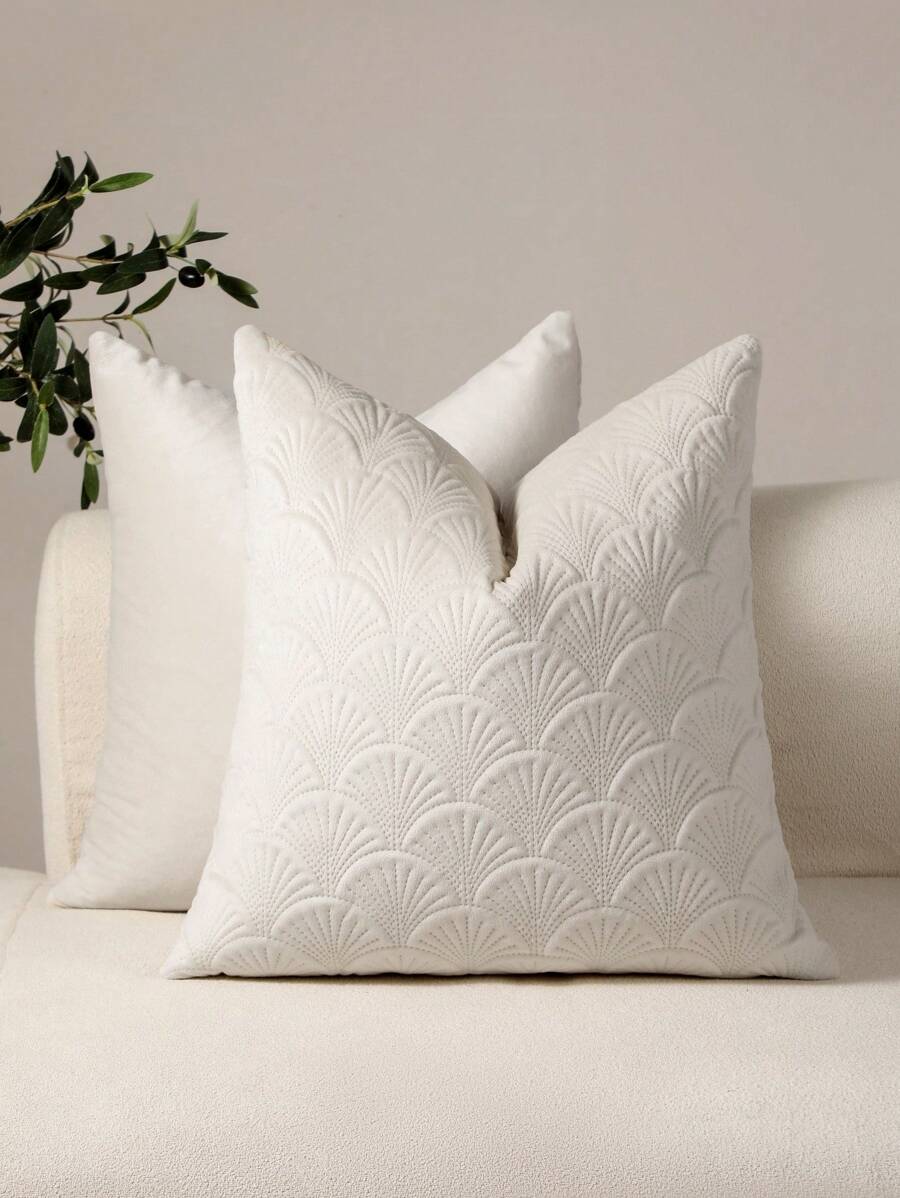1pc Simple Solid Color Flocked Velvet Throw Pillow Cover, Suitable For Living Room, Bedroom, Sofa - Creamy White - View 1