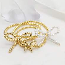 Hand-Made Beaded Faux Pearl Decor Bowknot Elastic Bracelet, Fashion 18K Gold Faux Pearl Butterfly Strand Bracelet For Women Valentines