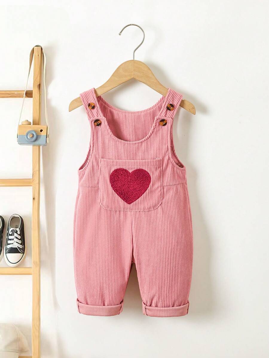 1 chiếc quần yếm bằng vải nhung kẻ thêu hình trái tim cho bé gái, bộ quần áo liền thân kiểu dáng thường ngày cho bé gái, trang phục thanh lịch cổ điển mùa xuân/thu, quần yếm có dây đeo. - Hồng - Xem 1