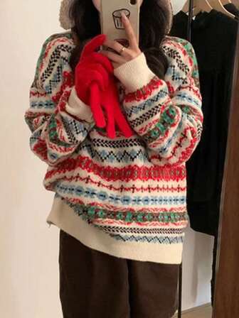 2024秋冬女装圣诞气氛条纹提花感休闲彩色厚针织毛衣