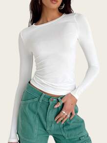 3 Piezas Camisetas de base para mujer estilo Y2K, camisetas de manga larga con cuello redondo, camisetas de base ajustadas suaves y cómodas, camisetas de base de manga larga casuales y de moda, camisetas de cuello redondo de un solo color ajustadas para primavera y otoño, tops recortados de base para uso diario - Multicolor - Ver 4