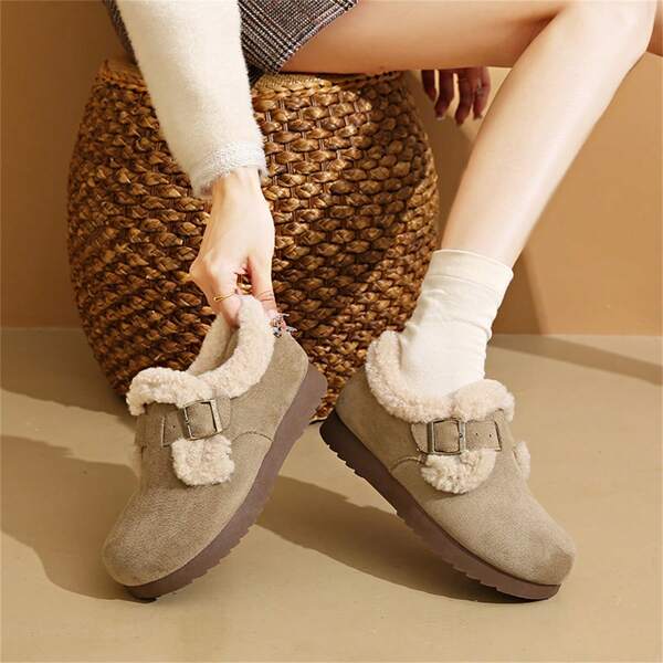女士平底鞋 新款冬季休闲低帮毛绒保暖内衬防滑时尚百搭户外鞋，保暖女鞋