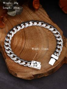 1 件 925 纯银时尚潮流复古摇滚朋克五角星坦克链手链，适合男士日常佩戴 - 復古銀色 - 查看 2