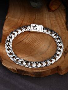 1 件 925 纯银时尚潮流复古摇滚朋克五角星坦克链手链，适合男士日常佩戴 - 復古銀色 - 查看 3