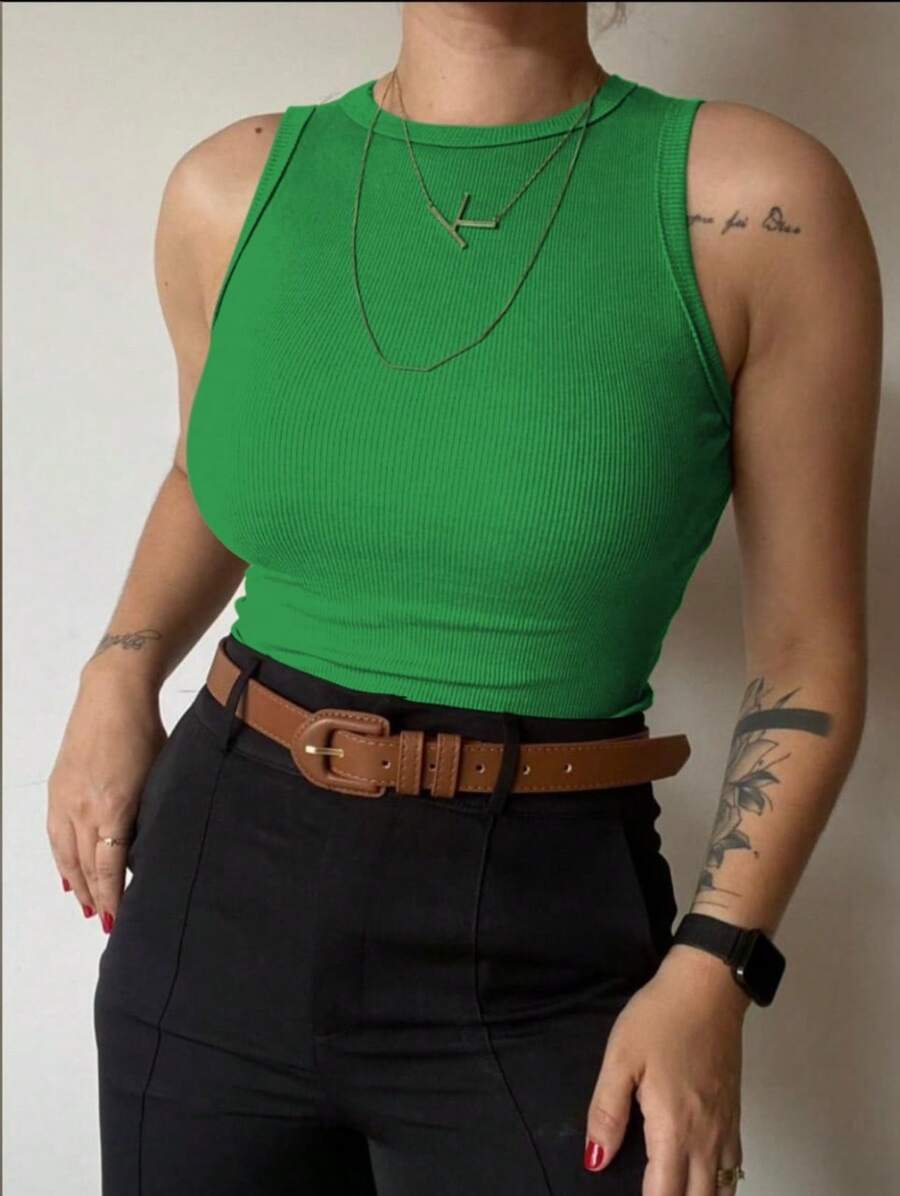 Women's Basic Ribbed Tank Top Ribana - Màu xanh chanh - Xem 1