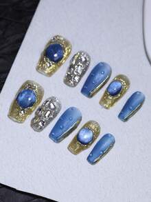 3D 巴洛克复古蓝色玻璃猫眼美甲设计手工指甲 100% 手工制作按压指甲可重复使用 10 件短芭蕾指甲尖带闪光金色金属装饰适合女士日常和派对使用 - 咖啡棕 - 查看 1