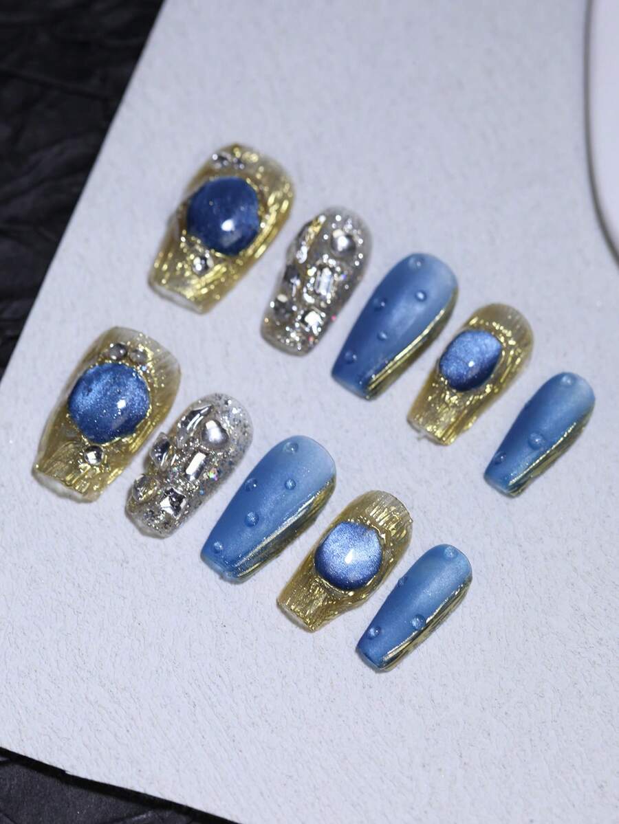 3D 巴洛克复古蓝色玻璃猫眼美甲设计手工指甲 100% 手工制作按压指甲可重复使用 10 件短芭蕾指甲尖带闪光金色金属装饰适合女士日常和派对使用 - 咖啡棕 - 查看 1
