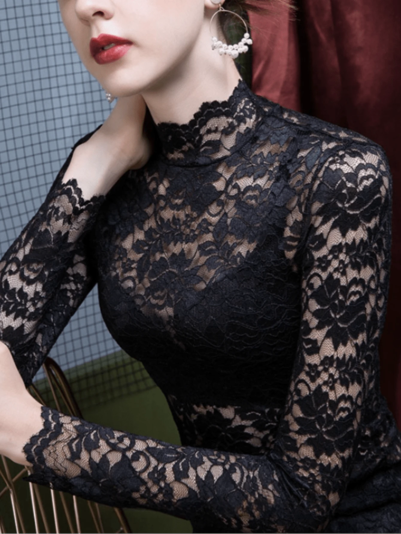 性感蕾丝立领打底衫，紧身长袖时尚女式上衣，2024 年秋冬 - 黑色 - 查看 1