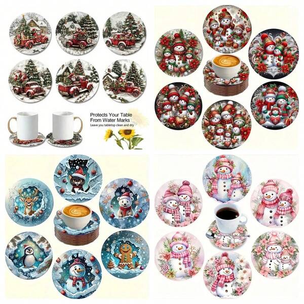 6pcs Christmas Pattern Coasters, Wooden Material Suitable For Home, Kitchen, Office Desk, Adult Office Decor