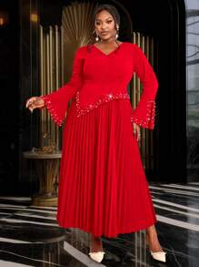 Abito da donna taglie forti con scollo a V, decorato con perle, maniche a zampa d'elefante increspate, gonna plissettata, elegante abito da ballo a manica lunga semi-formale, adatto per compleanni, matrimoni, lauree, feste di fine anno - Rosso - Visualizzare 4