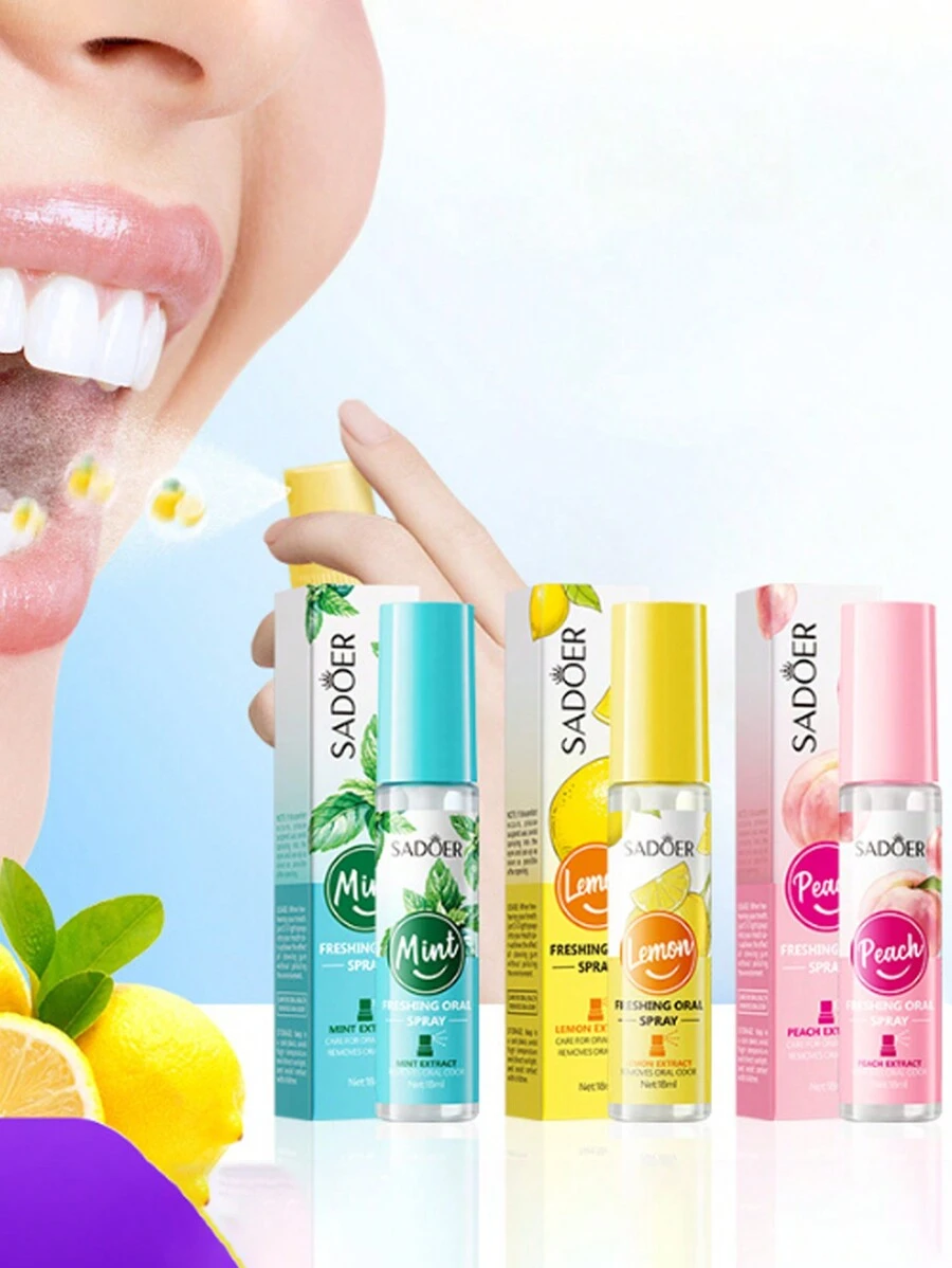 3件装（款式随机）薄荷、桃子、柠檬薄荷口腔清新喷雾18ml口气清新剂喷雾消除口臭 - 彩色 - 查看 1