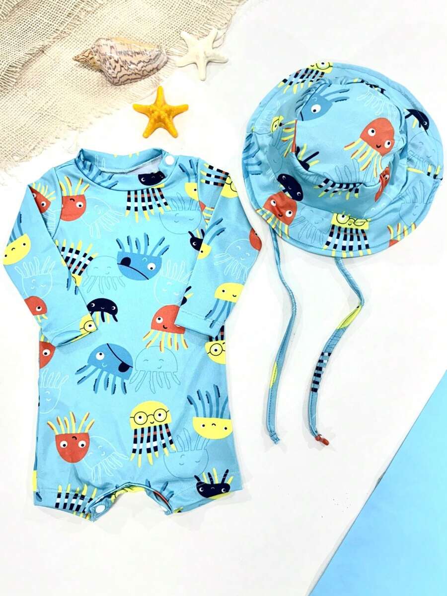 Jumpsuit + Hat Sun Protection UV Beach Summer Boy Girl Swimwear Pool Baby - 藍色 - 查看 1
