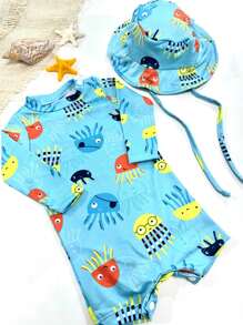 Jumpsuit + Hat Sun Protection UV Beach Summer Boy Girl Swimwear Pool Baby - 藍色 - 查看 3