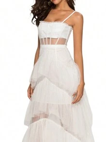 Women Sleeveless Tulle Dress Layered Ruffle Hem Summer Long Party Dress For Cocktail Beach Streetwear - trắng - Xem 5