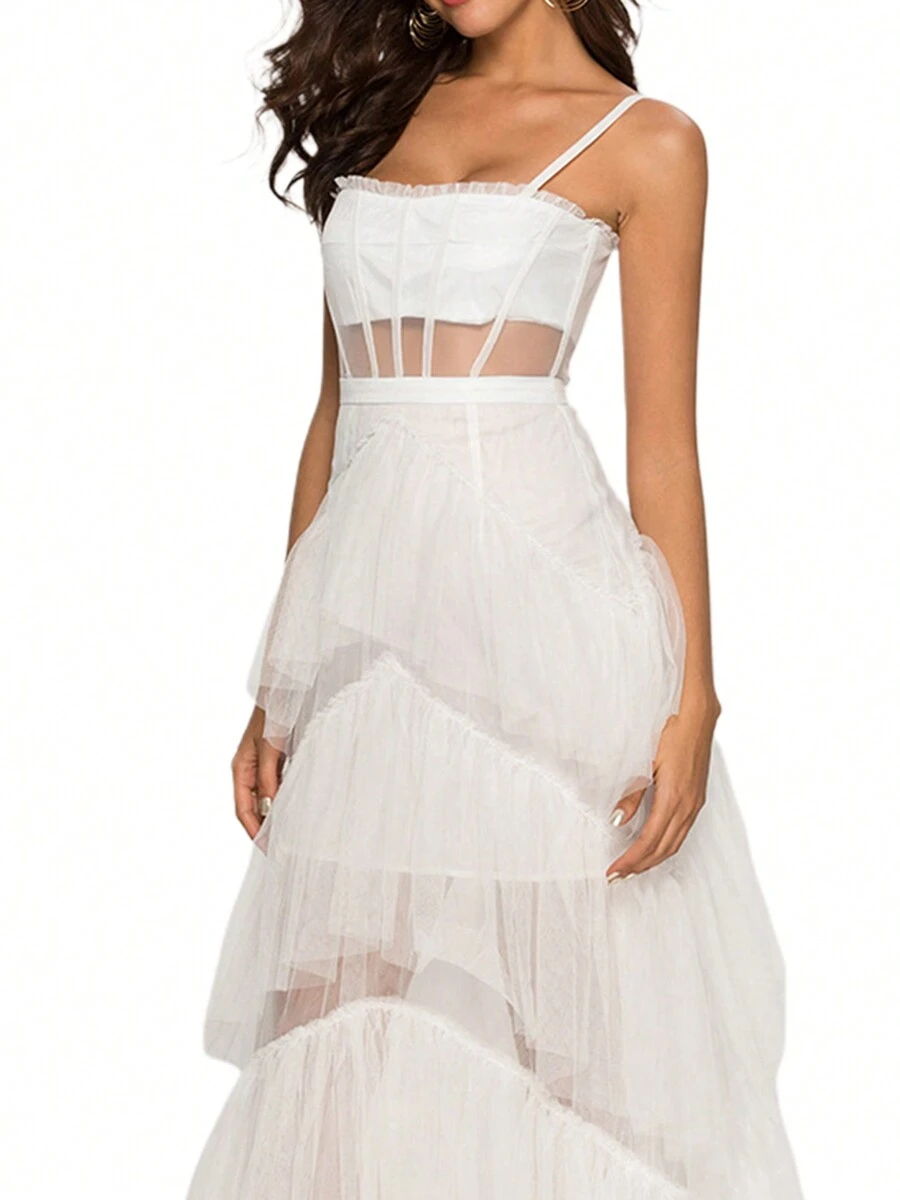 Women Sleeveless Tulle Dress Layered Ruffle Hem Summer Long Party Dress For Cocktail Beach Streetwear - White - View 1