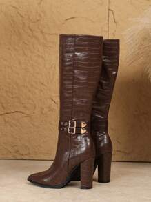 大码女士时尚过膝靴高跟拉链休闲街头风格走秀靴，粗跟高筒靴，踝靴，棕色靴子，适合搭配连帽衫 - 棕色 - 查看 5