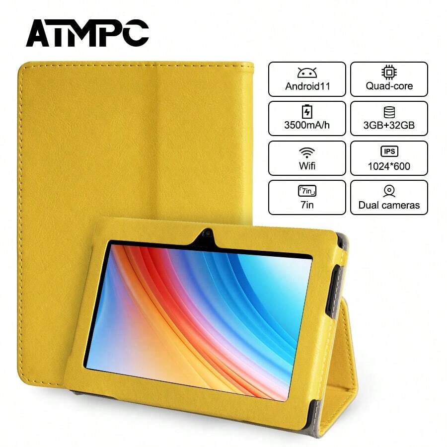 Tablet PC Android de 7 pulgadas con 2GB de RAM DDR, 32GB de ROM, batería de 3500mAh, procesador Quad-Core, pantalla IPS de 1024x600, cámara frontal de 0.3MP y cámara trasera de 2MP, WiFi de 2.4G - Amarillo - Ver 1