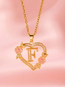 1pc Copper Inlaid Zirconia Hollow Heart Flower Pendant 26 English Letter Creative High-End Fashionable Necklace For Women - Gold - View 7