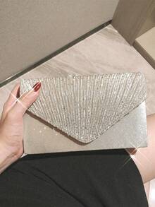 女士时尚百搭优雅水晶装饰手拿包链条单肩包，奢华珍珠项链手链 3 件套，适合派对、宴会 - 香檳色 - 查看 4