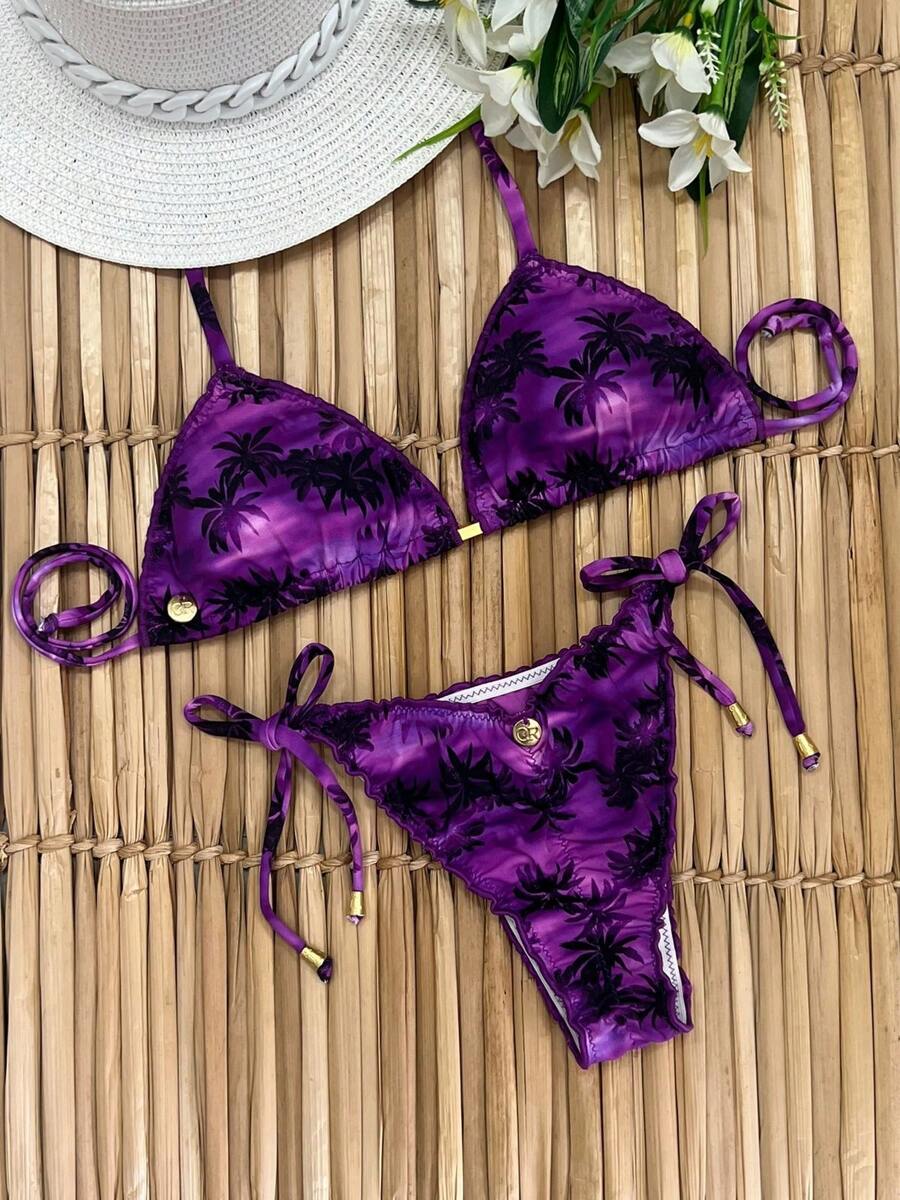 Marcela Adult Bikini Cortininha Ripple Removable Pad Bottom Butt Lift Patrícia Coconut Tree Print Roxobeach - 查看 1