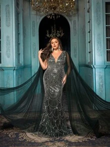 Vestido de fiesta elegante y noble de unicolor con aplicación de malla en talla grande, mangas extralargos tipo capa, bajo de cola de pez con adornos de cuentas, para eventos, fiestas, formal, noche, invitado de boda