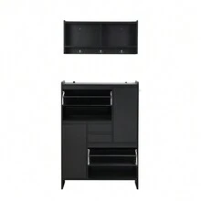 ON-TREND Multi-Functional Tipping Bucket Shoe Cabinet With Wall Cabinet, Space-Saving Design Foyer Cabinet With 2 Flip Drawers, Versatile Side Cabinet For Hallway, White - Black + Particle Board + Primary Living Space - View 9