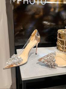 Giày cao gót mũi nhọn đính pha lê thủ công cho nữ, giày cưới thời trang màu bạc và sâm panh cho mùa xuân/thu lễ tình nhân - Rượu sâm banh - Xem 5