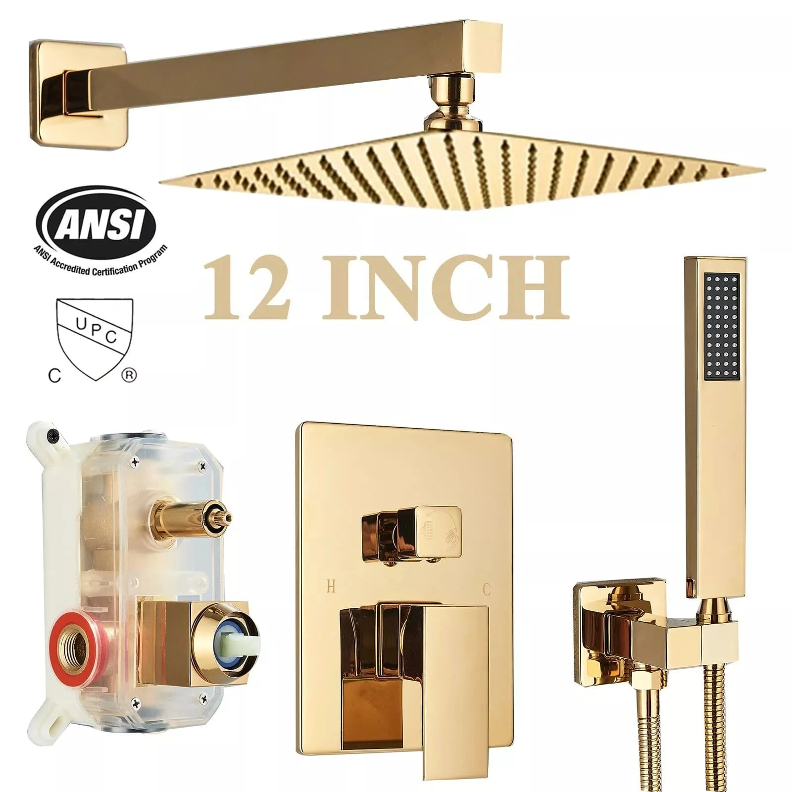 Gold Luxury Shower System Bathroom 12in Rain Shower Faucet Set With