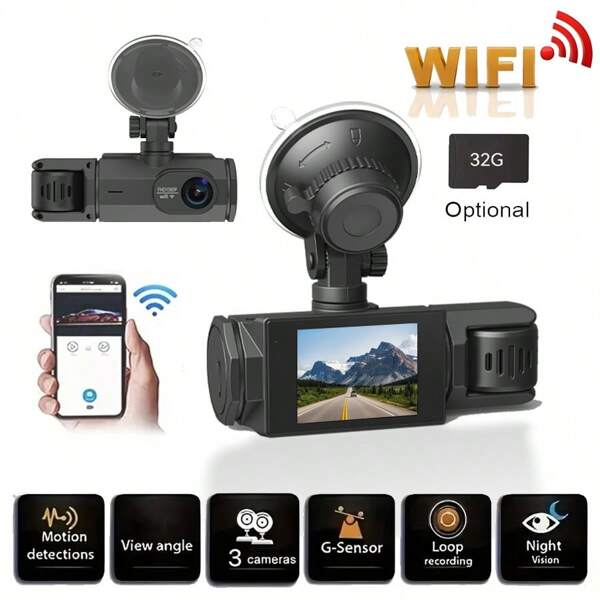 Registratore di guida Full HD 1080P con tre telecamere integrate anteriori e posteriori, anteriore + in auto, con WiFi, registrazione in loop, registratore di guida con telecamera DVR per auto grandangolare, con scheda 32G per una facile installazione