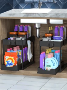 1PC Đen Dưới Bồn Rửa Tổ Chức, Tám Móc Lưu Trữ Kệ, Đôi Trượt Dưới Bồn Rửa Tổ Chức Và Ngăn Kéo Lưu Trữ 2 Tầng Dễ Dàng Truy Cập Đa Năng Tổ Chức Tủ Trượt Ra Cho Phòng Tắm, Giá Lưu Trữ Nhà Bếp, Giá Lưu Trữ Nhà Bếp Gia Đình - màu đen - Xem 11