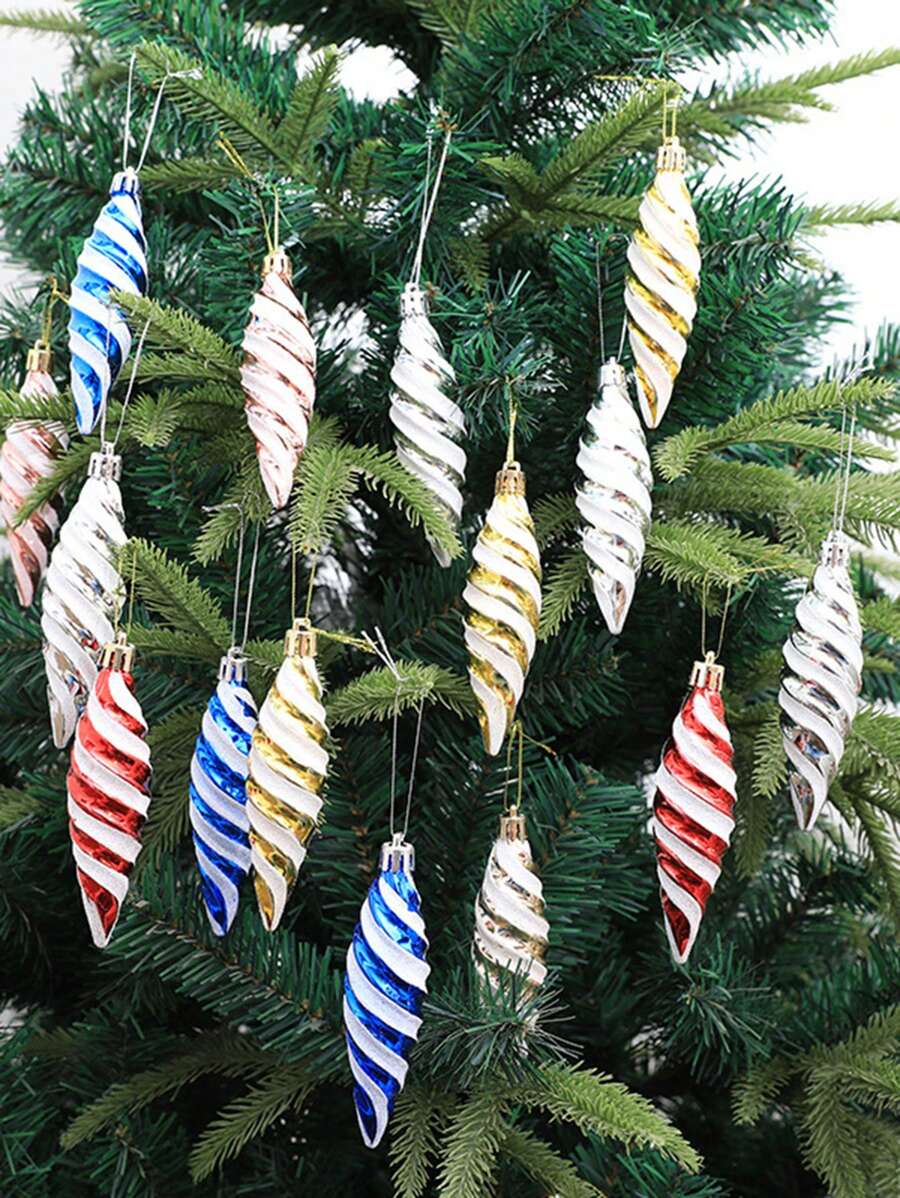 6 件装装饰线锥圣诞饰品圣诞树装饰道具彩绘尖头螺旋线圣诞球圣诞礼物，圣诞装饰，圣诞用品