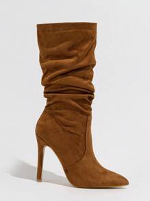 Women's Brown Pointed Toe High Heel Faux Suede Ankle Boots, Warm, Pleated, Versatile, Party & Casual Mid-Calf Boots, Autumn/Winter,Perfect With Dresses