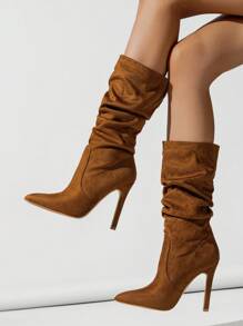 Women's Brown Pointed Toe High Heel Faux Suede Ankle Boots, Warm, Pleated, Versatile, Party & Casual Mid-Calf Boots, Autumn/Winter,Perfect With Dresses