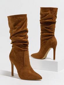 Women's Brown Pointed Toe High Heel Faux Suede Ankle Boots, Warm, Pleated, Versatile, Party & Casual Mid-Calf Boots, Autumn/Winter,Perfect With Dresses