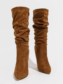 Women's Brown Pointed Toe High Heel Faux Suede Ankle Boots, Warm, Pleated, Versatile, Party & Casual Mid-Calf Boots, Autumn/Winter,Perfect With Dresses