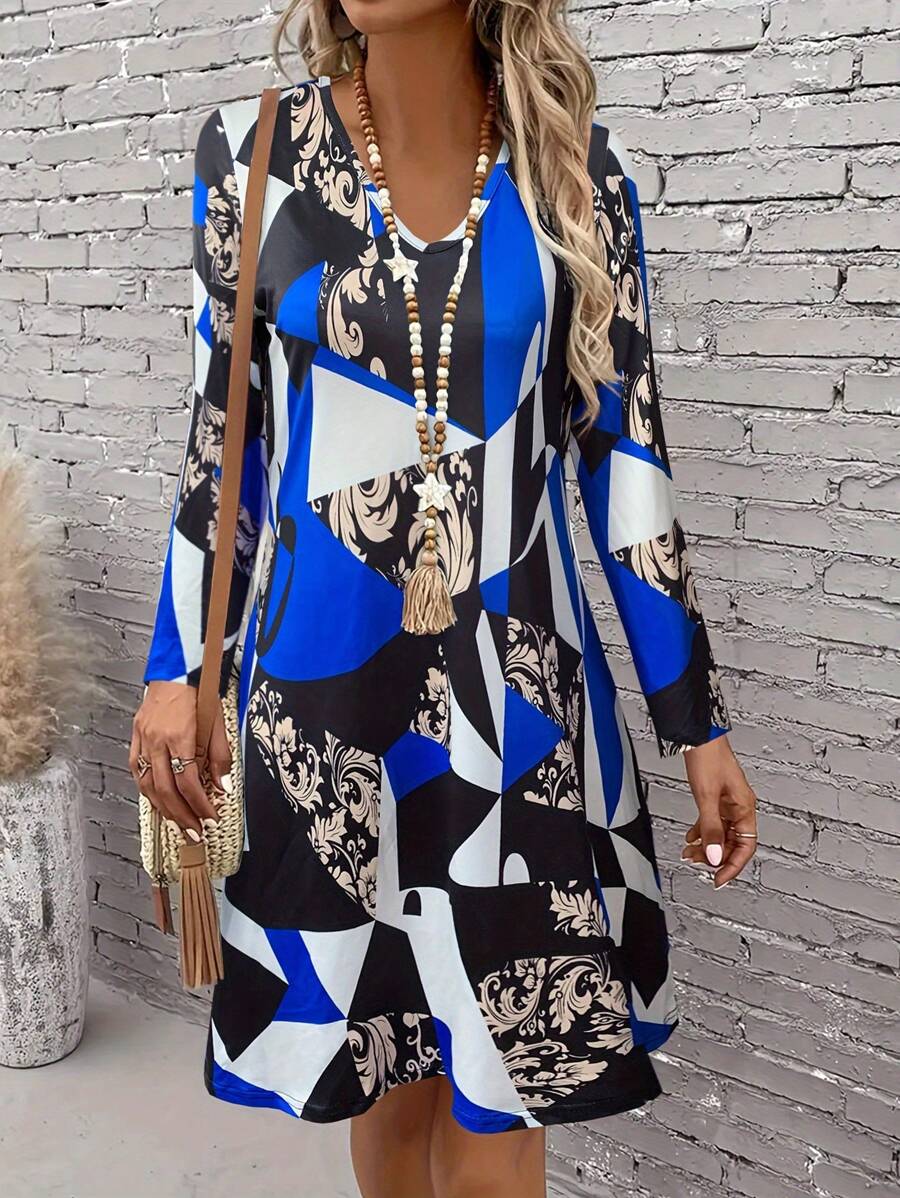 女士休闲印花长袖连衣裙，时尚扇贝女士短裙，女士春季服装，女士夏季休闲连衣裙 - 藍色 - 查看 1